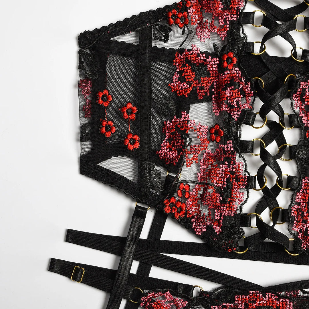Women's Black Tulle and Red Rose 3-Piece Lingerie Set with Lace-Up Bra and Belt