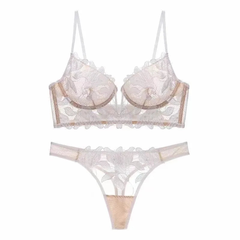 Bustier- und String-Set für Damen aus Mesh mit Blätterstickerei und V-Draht-Detail