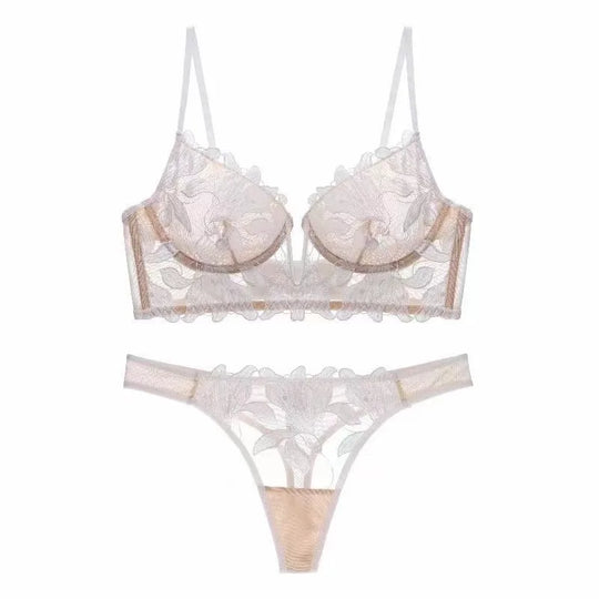 Bustier- und String-Set für Damen aus Mesh mit Blätterstickerei und V-Draht-Detail