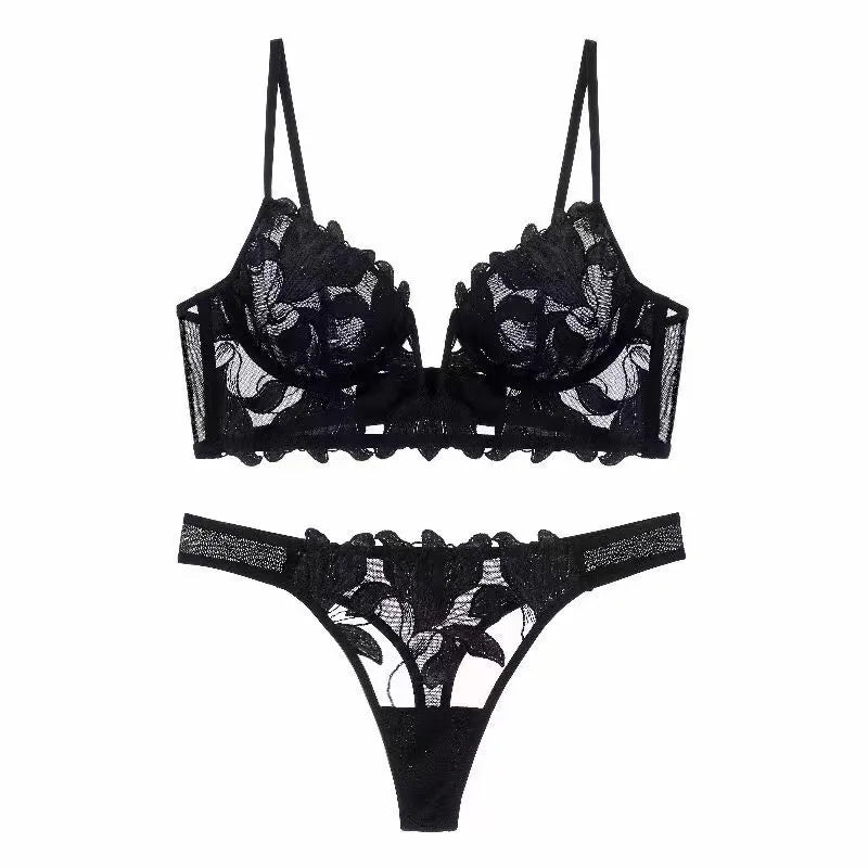 Bustier- und String-Set für Damen aus Mesh mit Blätterstickerei und V-Draht-Detail