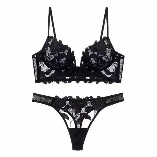 Bustier- und String-Set für Damen aus Mesh mit Blätterstickerei und V-Draht-Detail