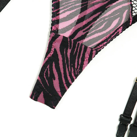 Women's Pink and Black Zebra Satin 3-Piece Lingerie Set with Harness Bra and Cage Belt