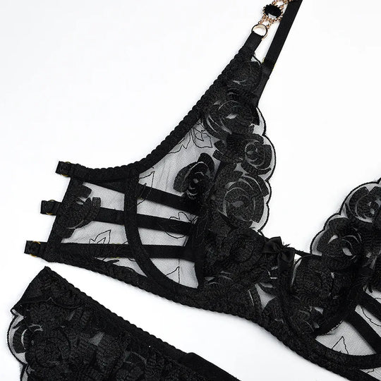 Women's Floral Embroidered 3-Piece Lingerie Set with Underwired Bra and Decorative Gold-Tone Straps