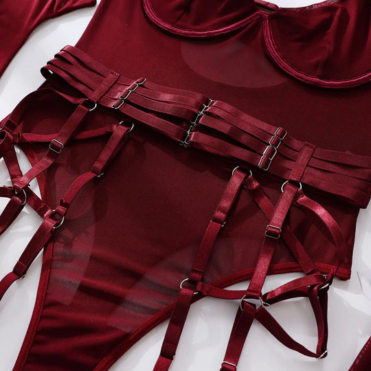 Women's Burgundy Underwired Mesh Bodysuit with Satin Straps and Adjustable Suspenders