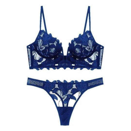 Bustier- und String-Set für Damen aus Mesh mit Blätterstickerei und V-Draht-Detail