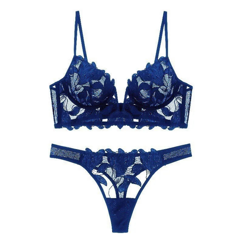 Bustier- und String-Set für Damen aus Mesh mit Blätterstickerei und V-Draht-Detail