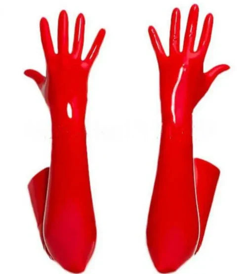 Rotes Wet-Look-Bodysuit-Set für Damen mit Frontreißverschluss, Kapuze, langen Handschuhen und Overknee-Strümpfen