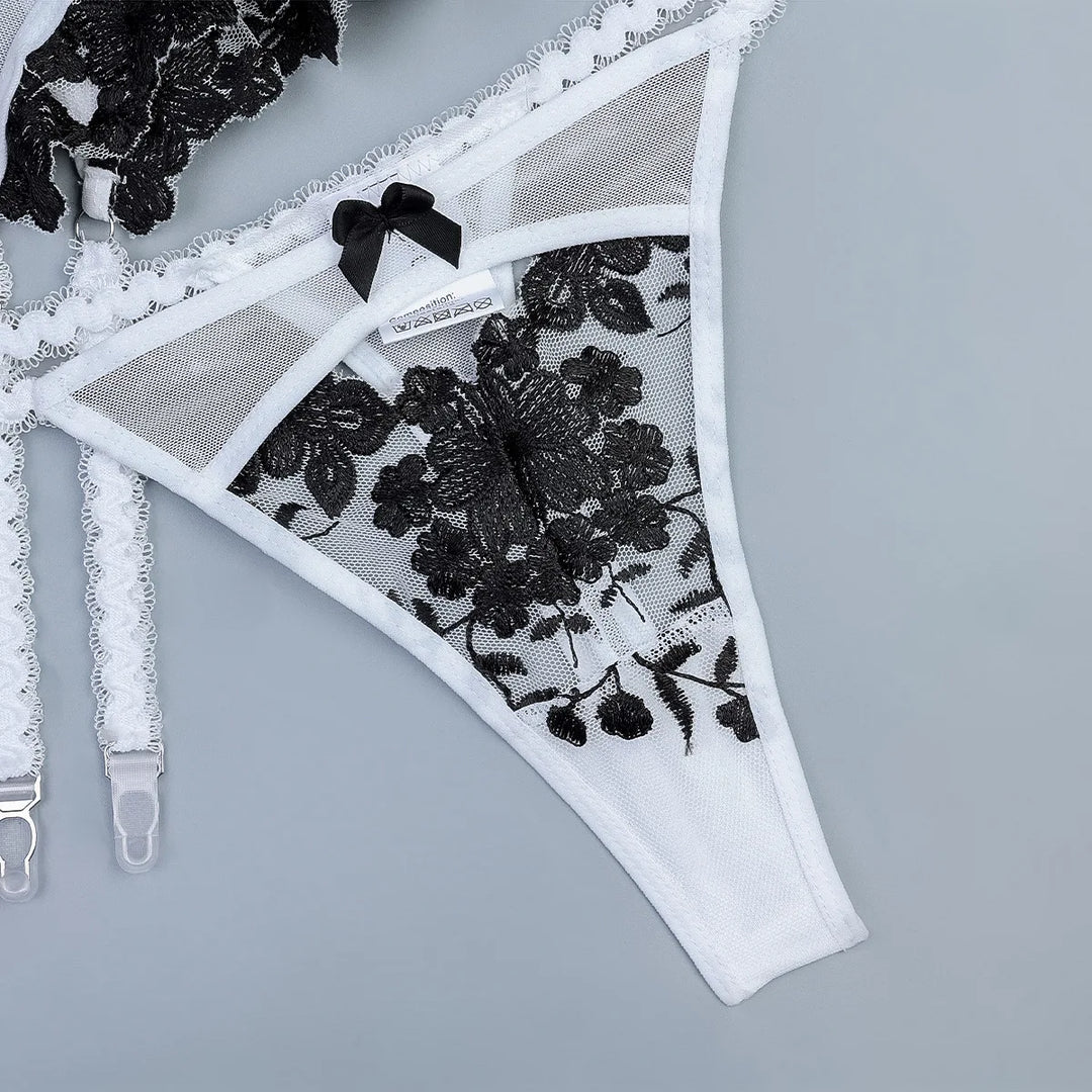 Schwarz-weißes, floral besticktes 3-teiliges Dessous-Set für Damen mit Bustier und Beinriemen