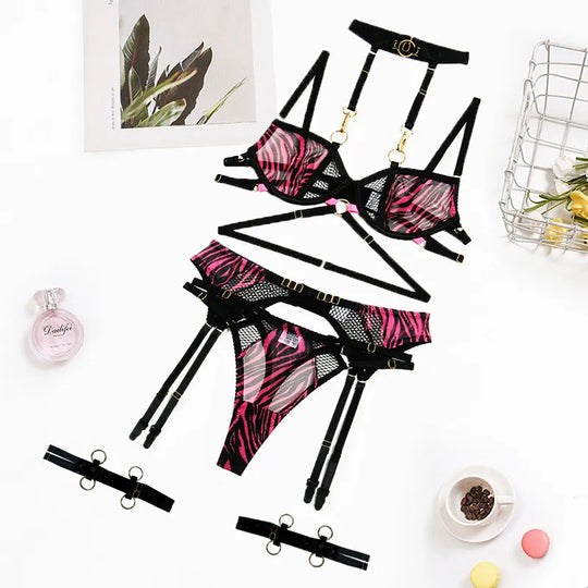 Women's Pink and Black Zebra Satin 3-Piece Lingerie Set with Harness Bra and Cage Belt