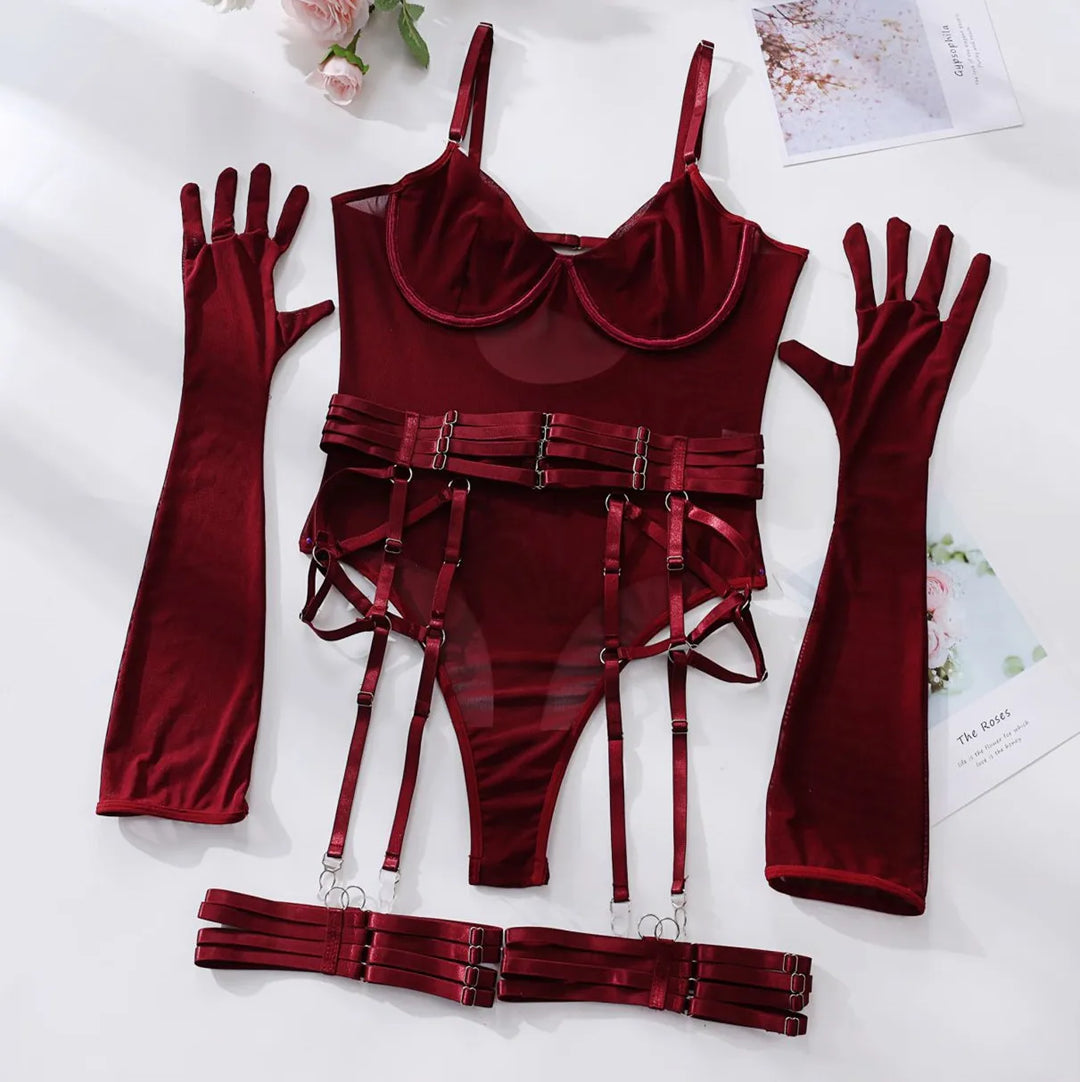 Women's Burgundy Underwired Mesh Bodysuit with Satin Straps and Adjustable Suspenders