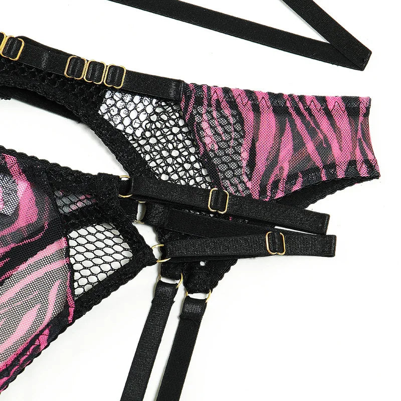 Women's Pink and Black Zebra Satin 3-Piece Lingerie Set with Harness Bra and Cage Belt