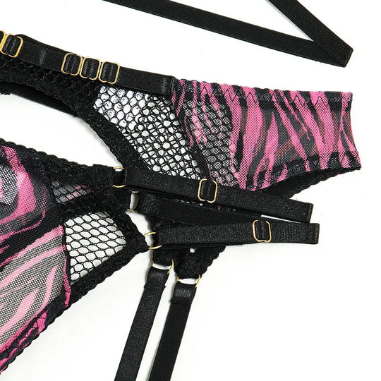 Women's Pink and Black Zebra Satin 3-Piece Lingerie Set with Harness Bra and Cage Belt
