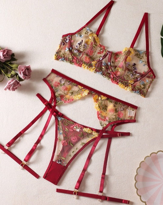 Damen-Dessous-Set aus Spitze, 3-teilig, mit BH, Slip und Strapsgürtel