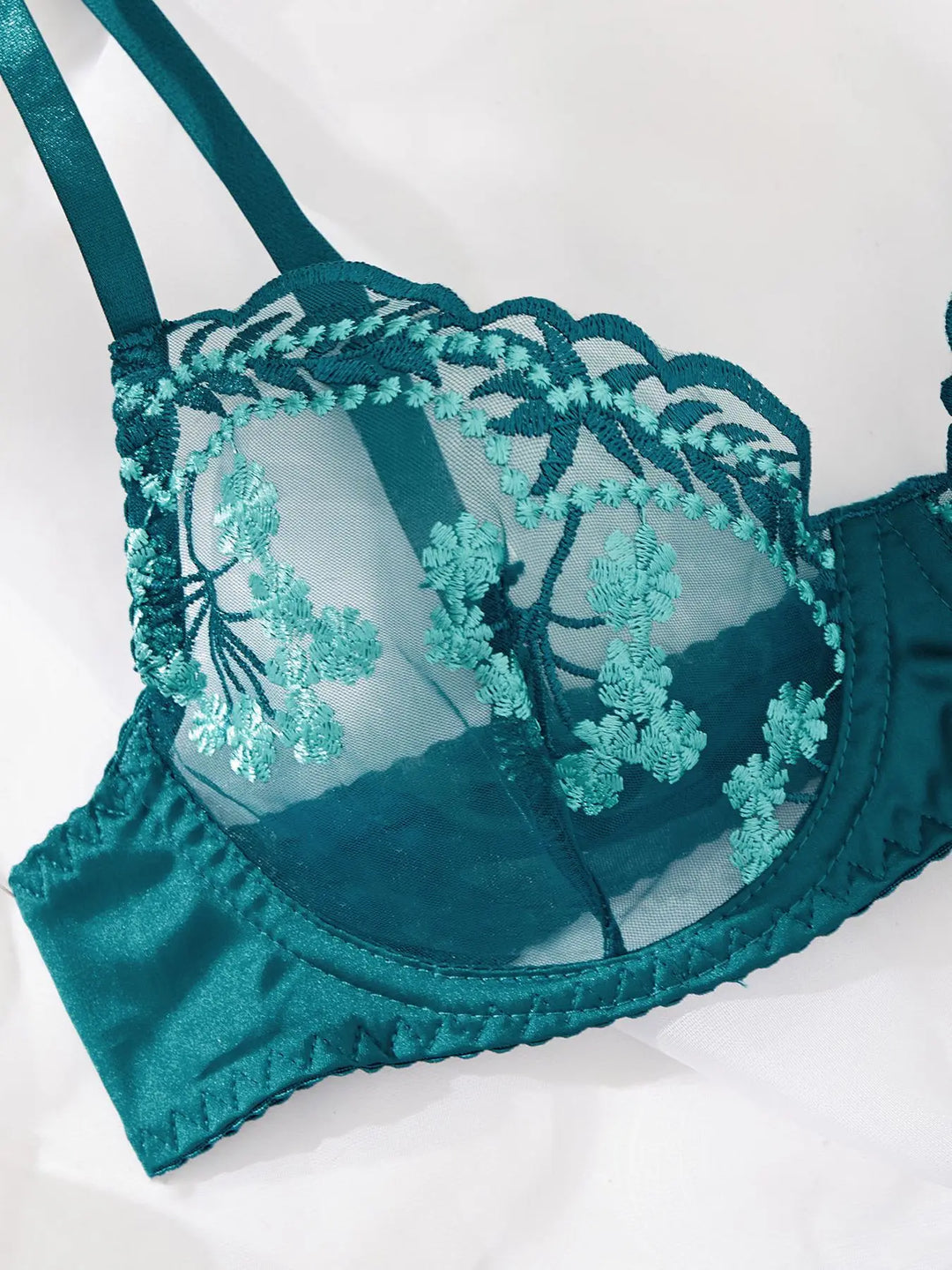 Smaragdgrünes Tüll-Dessous-Set mit mintfarbenen Blumenstickereien für Damen mit BH und Oberschenkelbändern
