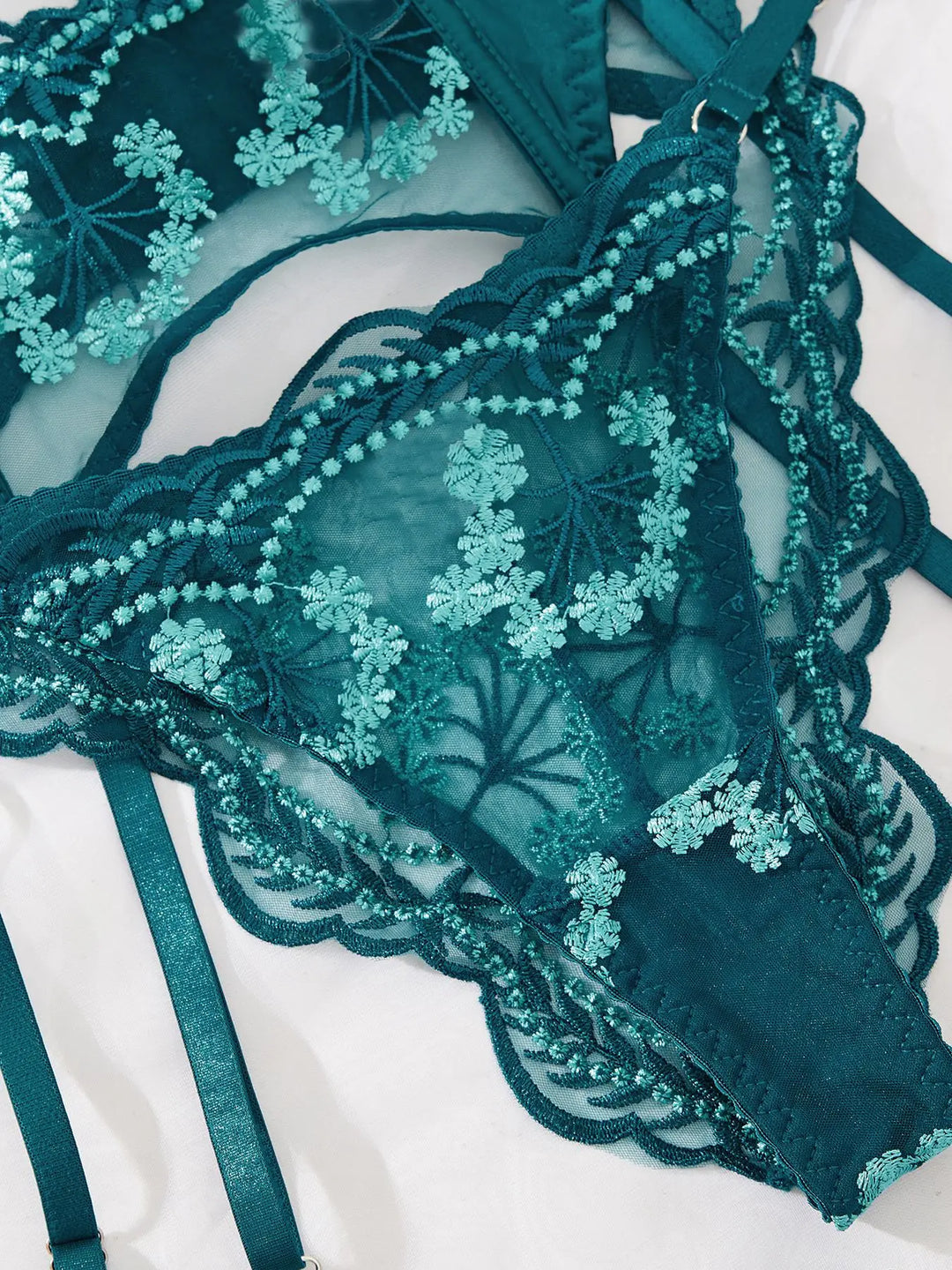 Smaragdgrünes Tüll-Dessous-Set mit mintfarbenen Blumenstickereien für Damen mit BH und Oberschenkelbändern
