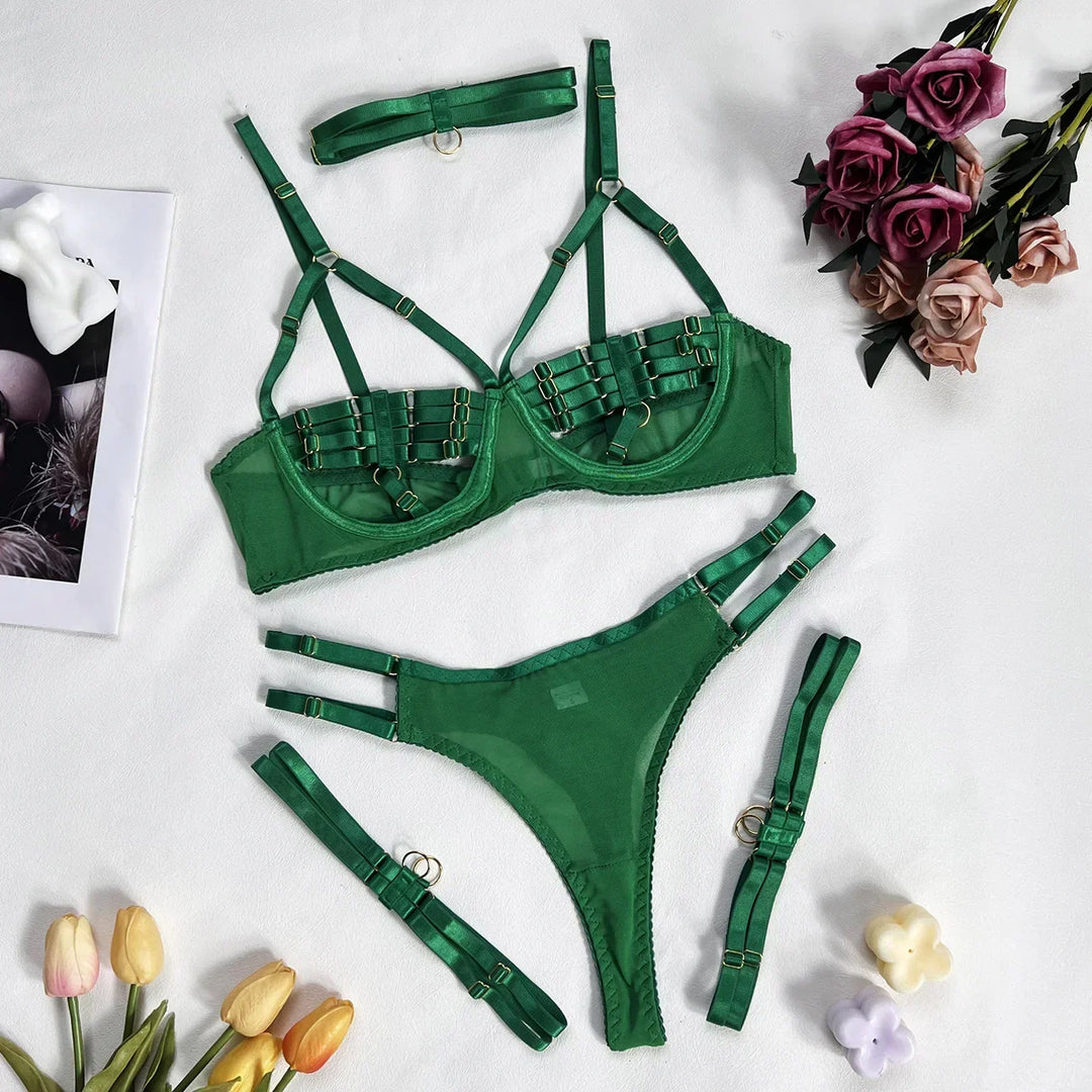 Women's Underwired Lingerie Set with Bra, Briefs, Choker and Suspender Details