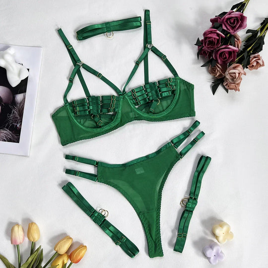 Women's Underwired Lingerie Set with Bra, Briefs, Choker and Suspender Details