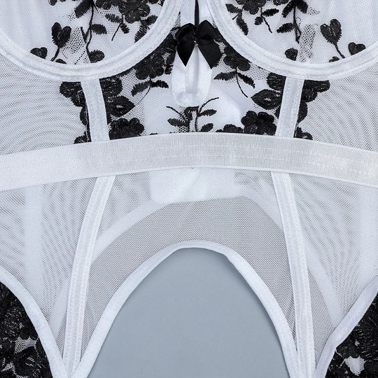 Schwarz-weißes, floral besticktes 3-teiliges Dessous-Set für Damen mit Bustier und Beinriemen