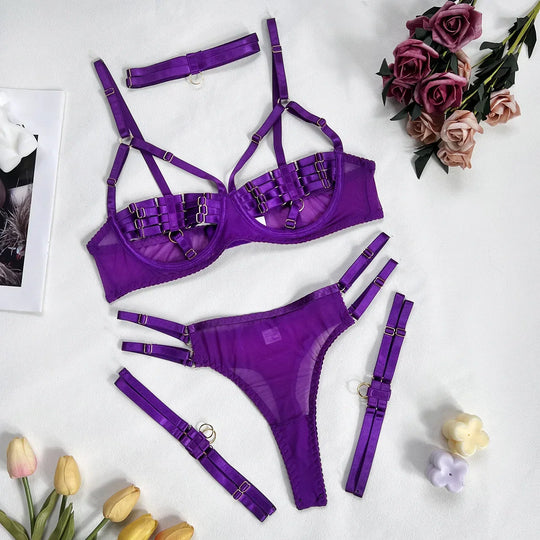 Women's Underwired Lingerie Set with Bra, Briefs, Choker and Suspender Details