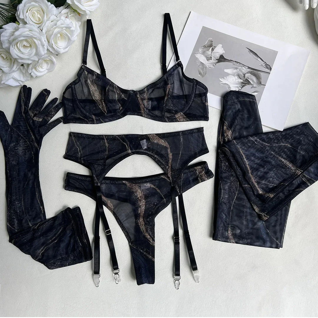 Damen-Dessous-Set im Batikdesign, 5-teilig, mit BH, Slip, Strümpfen, Handschuhen und Strapsen