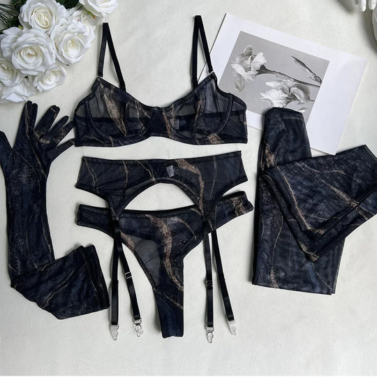 Damen-Dessous-Set im Batikdesign, 5-teilig, mit BH, Slip, Strümpfen, Handschuhen und Strapsen