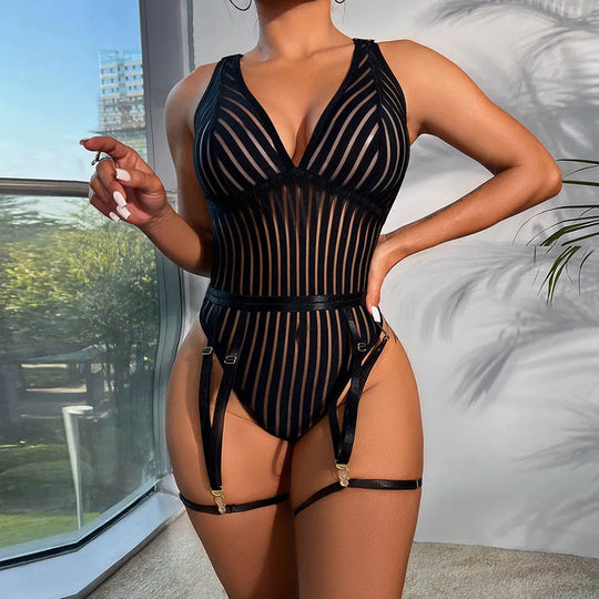 Mesh-Stringbody für Damen mit Bügelcups und Strapsgürtel
