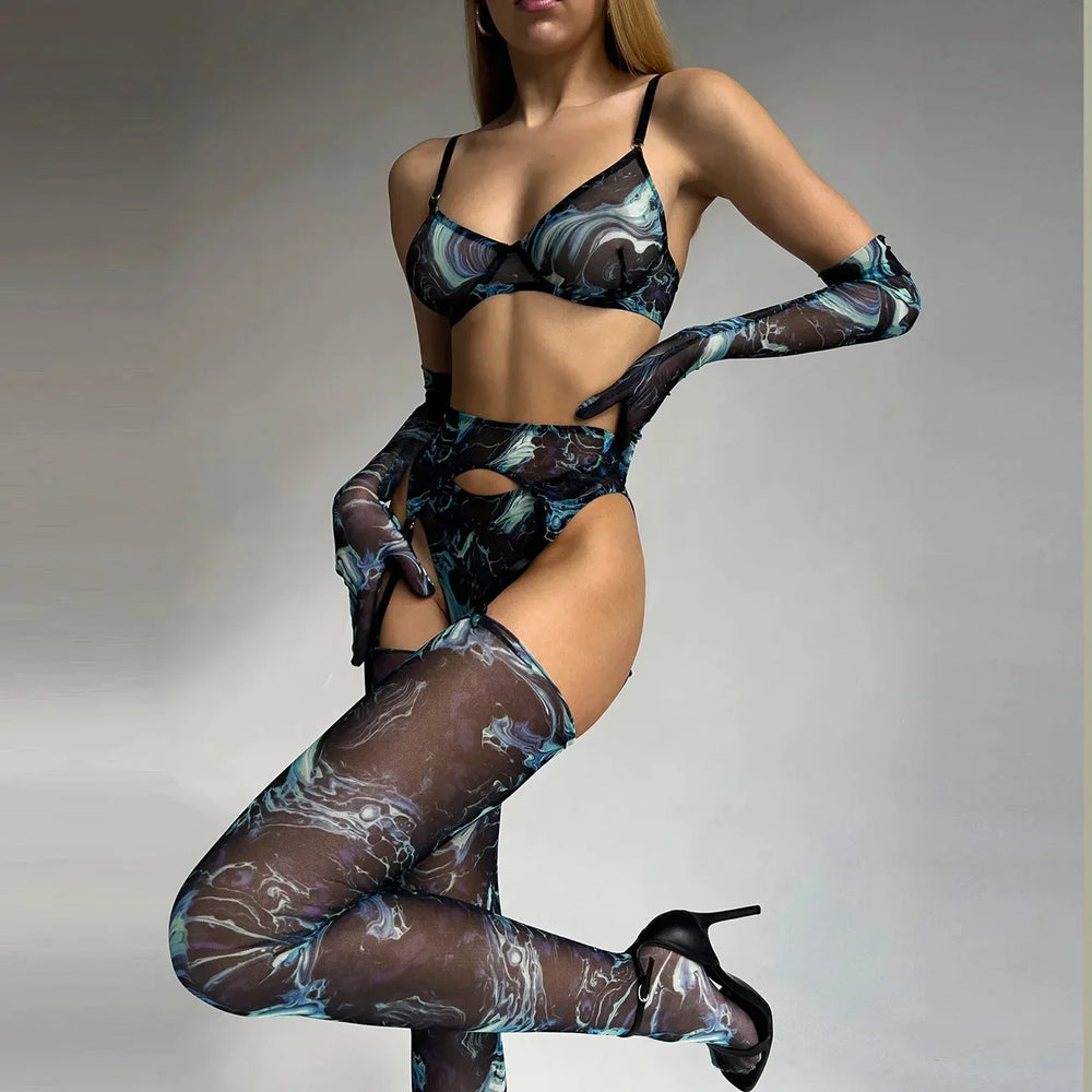 Damen-Dessous-Set im Batikdesign, 5-teilig, mit BH, Slip, Strümpfen, Handschuhen und Strapsen
