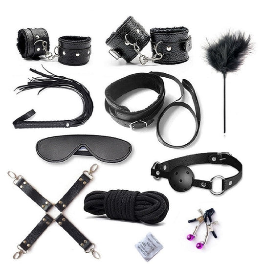 10-Piece Bondage Accessory Set with Adjustable Cuffs, Blindfold and Rope