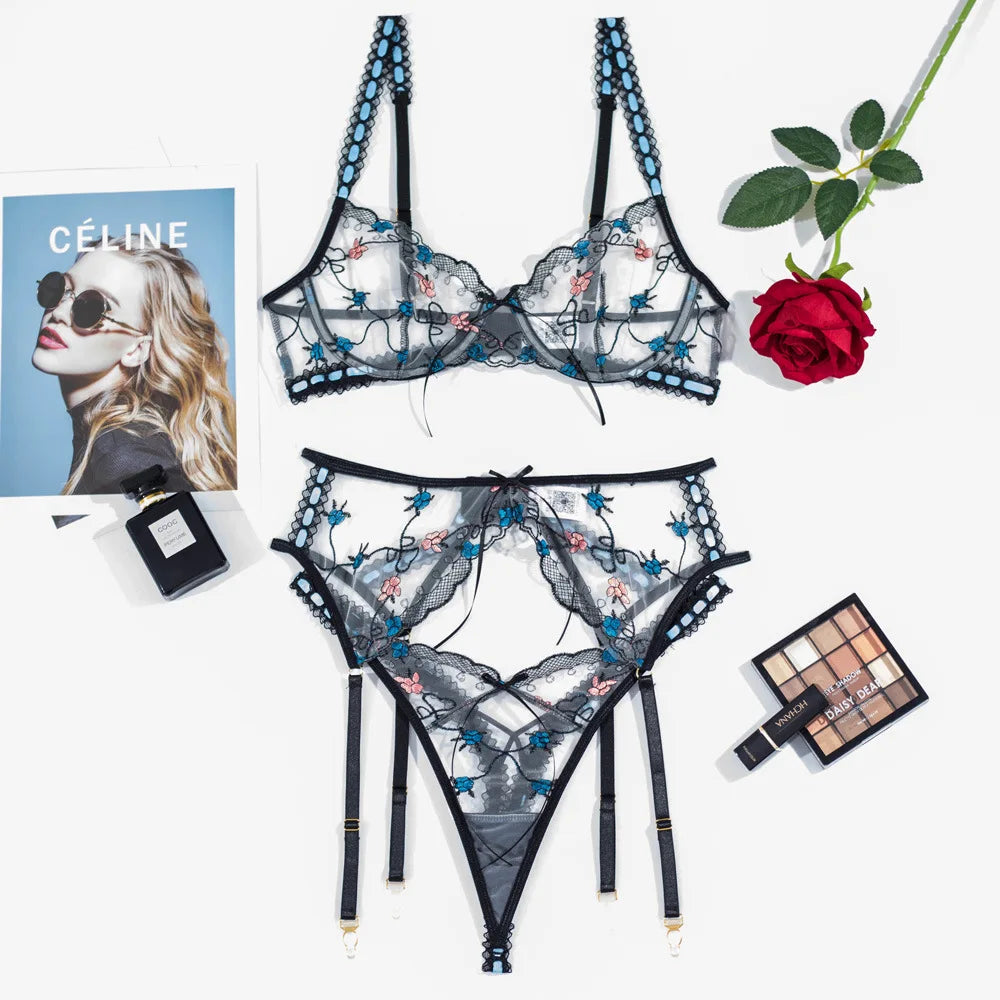 Damen-Dessous-Set aus Spitze, 3-teilig, mit zarten dekorativen Details