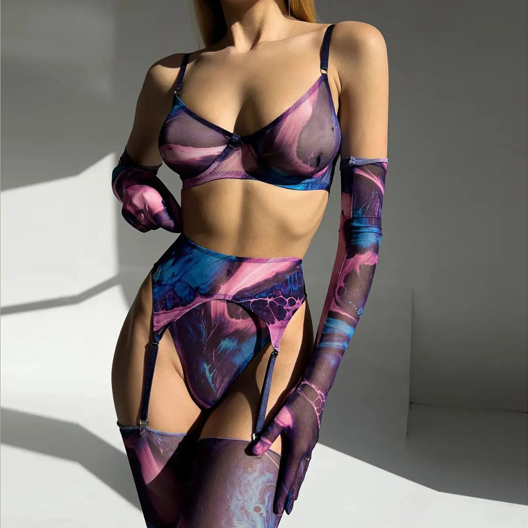 Damen-Dessous-Set im Batikdesign, 5-teilig, mit BH, Slip, Strümpfen, Handschuhen und Strapsen
