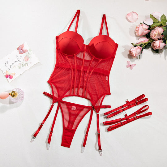 Damen-Dessous-Set, 3-teilig, mit BH, Slip und passenden Beinbändern