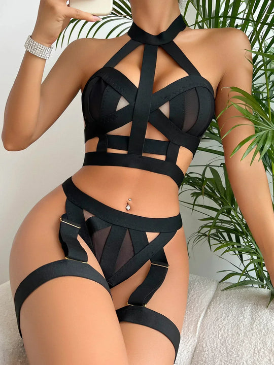 Schwarzes Damen-Dessous-Set aus Cage-Mesh mit Neckholder-BH und verstellbaren Oberschenkelbändern