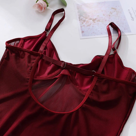 Women's Burgundy Underwired Mesh Bodysuit with Satin Straps and Adjustable Suspenders