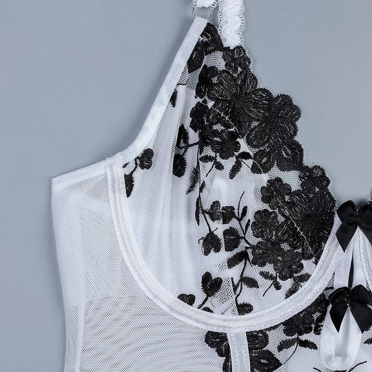 Schwarz-weißes, floral besticktes 3-teiliges Dessous-Set für Damen mit Bustier und Beinriemen