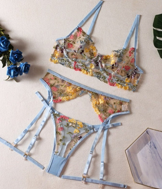 Damen-Dessous-Set aus Spitze, 3-teilig, mit BH, Slip und Strapsgürtel