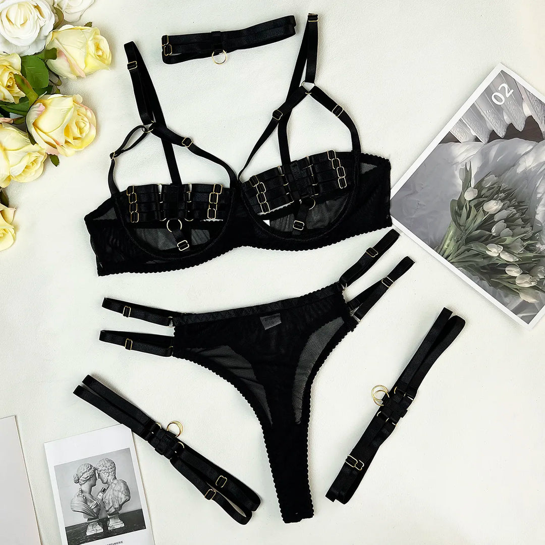 Women's Underwired Lingerie Set with Bra, Briefs, Choker and Suspender Details