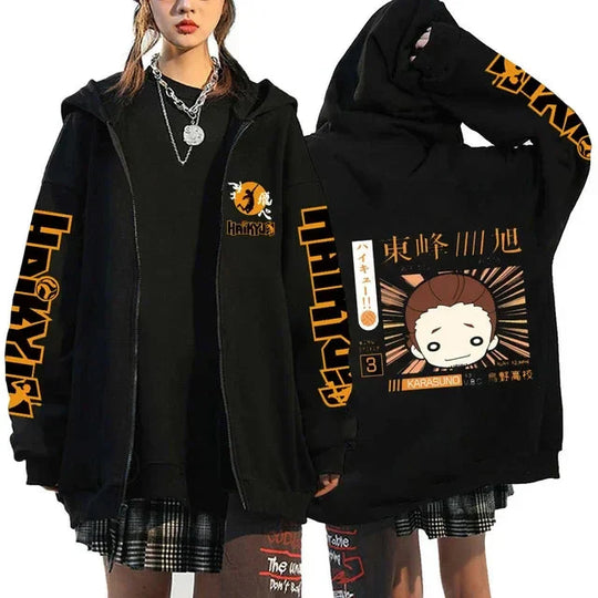 🏐 Haikyuu!! Karasuno High School Zip-Up Hoodie – Unisex Anime Streetwear