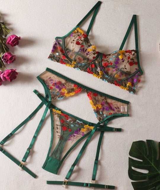 Damen-Dessous-Set aus Spitze, 3-teilig, mit BH, Slip und Strapsgürtel