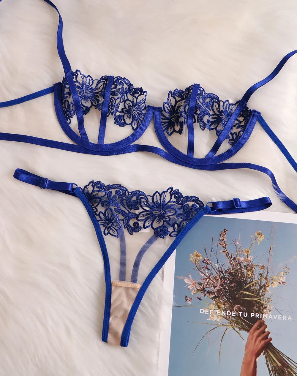 Women's Floral Embroidered Tulle Lingerie Set with Adjustable Satin Straps
