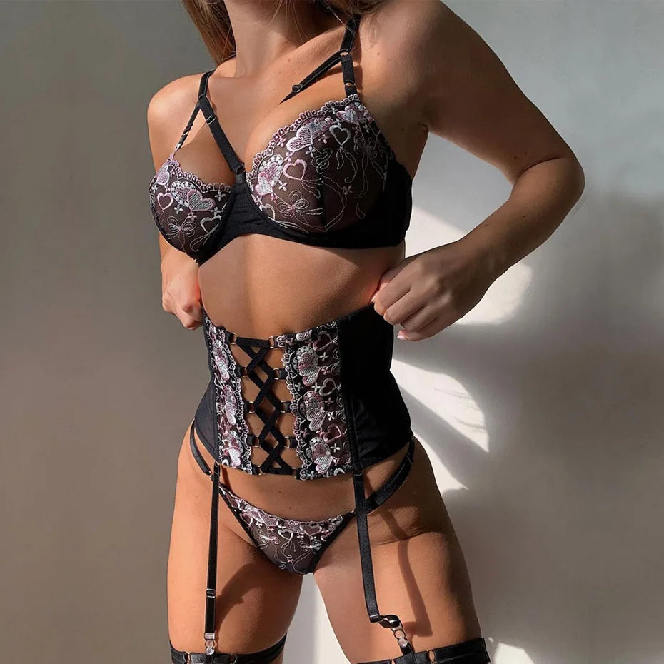 Damen-Dessous-Set aus Spitze, 3-teilig, aus Stretch-Polyester und Elastan