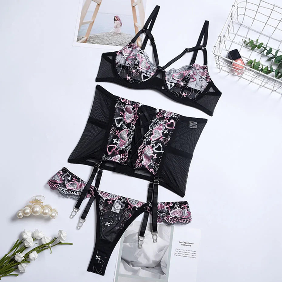 Damen-Dessous-Set aus Spitze, 3-teilig, aus Stretch-Polyester und Elastan