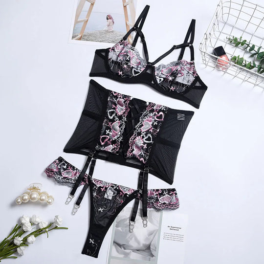 Damen-Dessous-Set aus Spitze, 3-teilig, aus Stretch-Polyester und Elastan