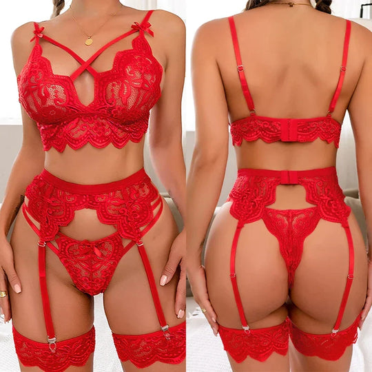 Women's Lace 3-Piece Lingerie Set in Soft Stretch Polyester Blend