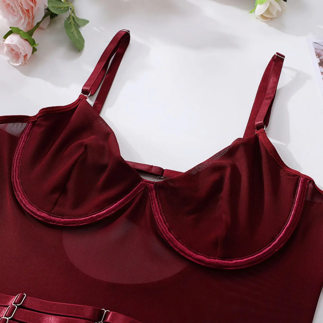 Women's Burgundy Underwired Mesh Bodysuit with Satin Straps and Adjustable Suspenders