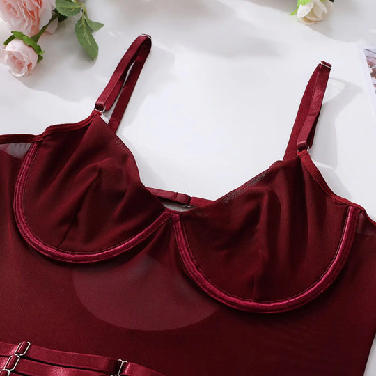 Women's Burgundy Underwired Mesh Bodysuit with Satin Straps and Adjustable Suspenders