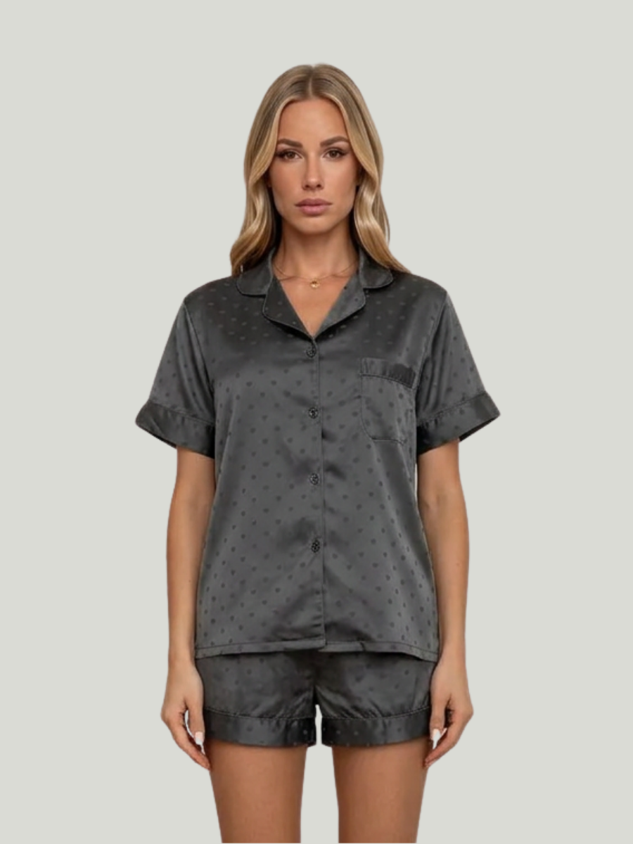 Women's Dark Grey Heart Pattern Satin Pyjama Shorts Set with Button-Front Top
