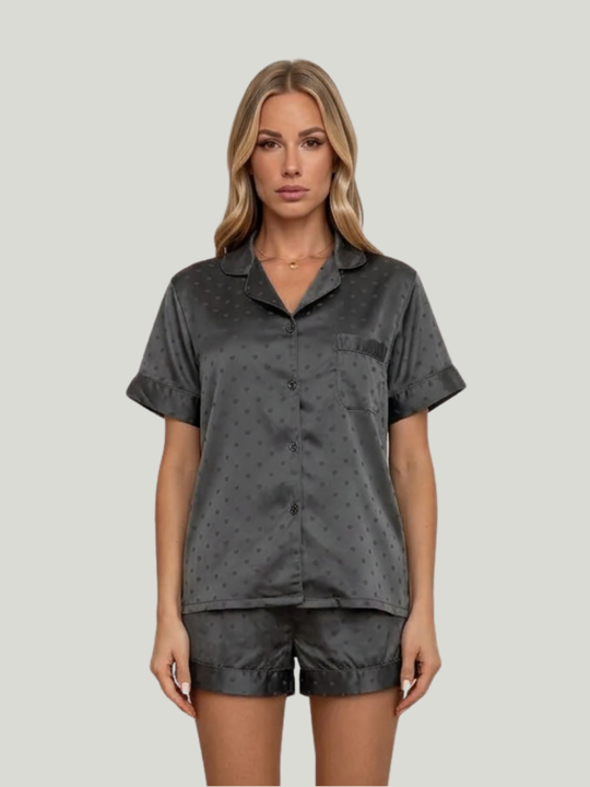 Women's Dark Grey Heart Pattern Satin Pyjama Shorts Set with Button-Front Top