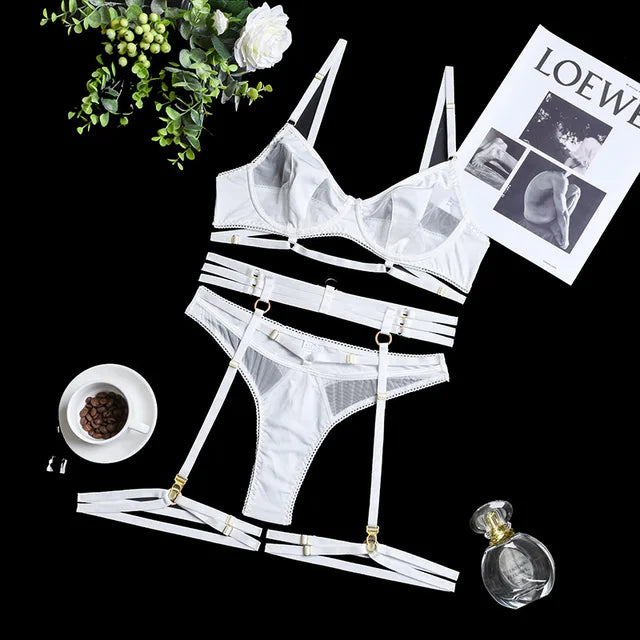 Damen-Dessous-Set, 3-teilig, mit BH, Slip und Strapsgürtel aus einer Nylonmischung