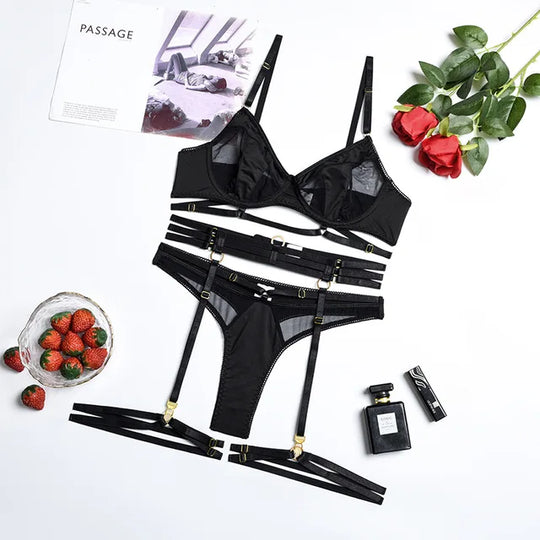 Damen-Dessous-Set, 3-teilig, mit BH, Slip und Strapsgürtel aus einer Nylonmischung
