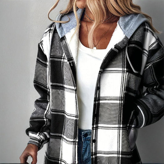 Plaid Drawstring Hoodie Shirt